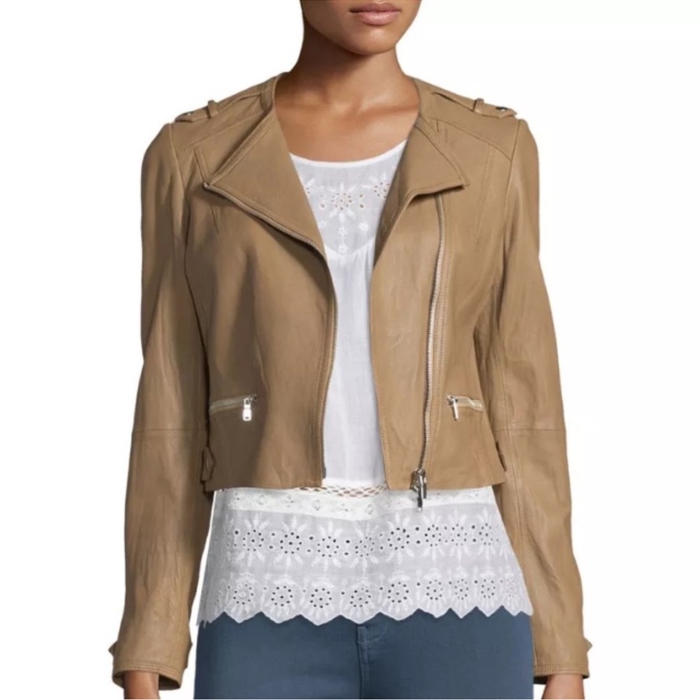 Joie Odina Asymestrical Zip Lambskin Camel Jacket